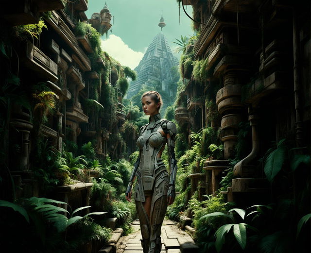 A high-definition, raw photograph of a techno-organic woman exploring an abandoned futuristic city inspired by ancient Mayan architecture, blending nature and technology