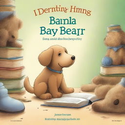 A realistic book cover illustration featuring a dog searching for its lost teddy bear