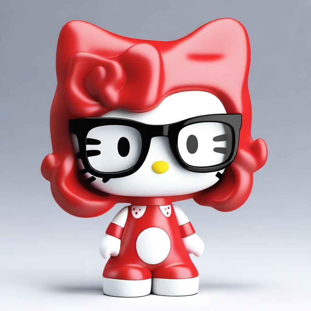 Create a 3D image of Hello Kitty with red curly medium-length hair, wearing invisible glasses and thin eyeliner