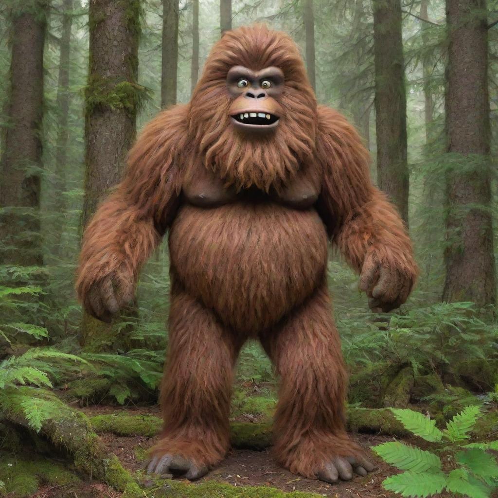 Draw Sassy the Sasquatch, a humorous cartoon character from 'The Big Lez Show', in a lush forest setting