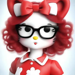 Create a 3D image of Hello Kitty with red curly medium-length hair, wearing invisible glasses and thin eyeliner