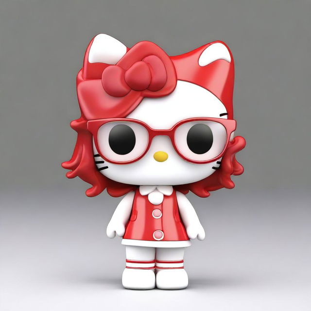 Create a 3D image of Hello Kitty with red curly medium-length hair, wearing invisible glasses and thin eyeliner