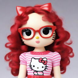 Create a 3D image of Hello Kitty with red curly medium-length hair, wearing invisible glasses and thin eyeliner