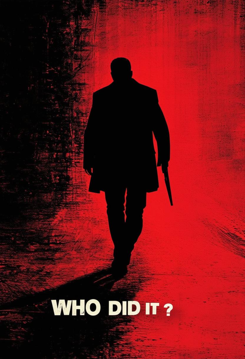 Create an abstract book cover for a murder mystery titled 'Who did it', featuring the shadow of a man scurrying away against a dark, moody background with hints of red and black