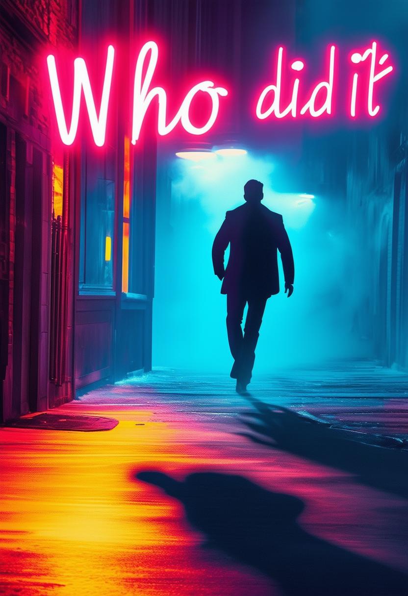 Create an abstract and visually striking book cover for a murder mystery titled 'Who did it' by Toni J, featuring neon text and the shadow of a man scurrying away