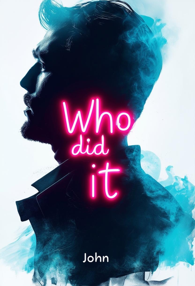 Book cover for 'Who did it' by John. Neon text, shadow of a man against white background, minimalistic and mysterious.