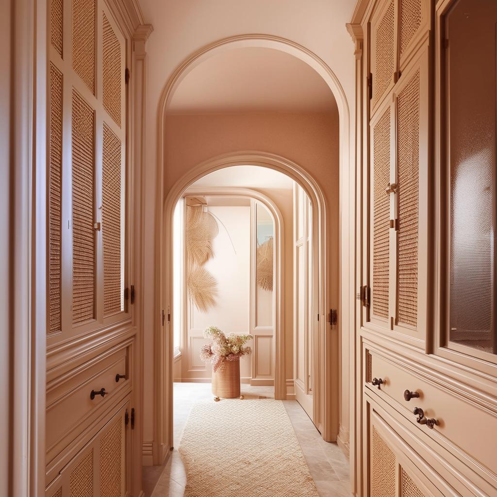 Small yet luxurious entrance hall in classic design with a modern twist, showcasing an L-shaped large rattan closet. Sorbet tones of beige and pistachio combine with a mirror and a fancy entrance door to create a posh ambiance.