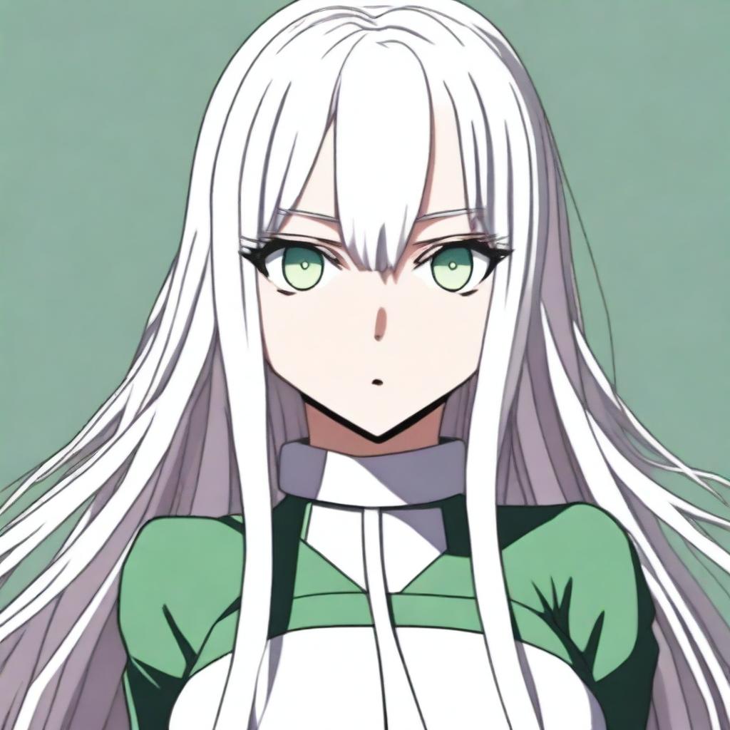 A young woman from the My Hero Academia series with long, straight, pure white hair that elegantly falls down her back