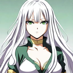 A young woman from the My Hero Academia series with long, straight, pure white hair that elegantly falls down her back