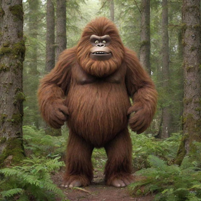 Draw Sassy the Sasquatch, a humorous cartoon character from 'The Big Lez Show', in a lush forest setting