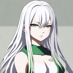 A young woman from the My Hero Academia series with long, straight, pure white hair that elegantly falls down her back