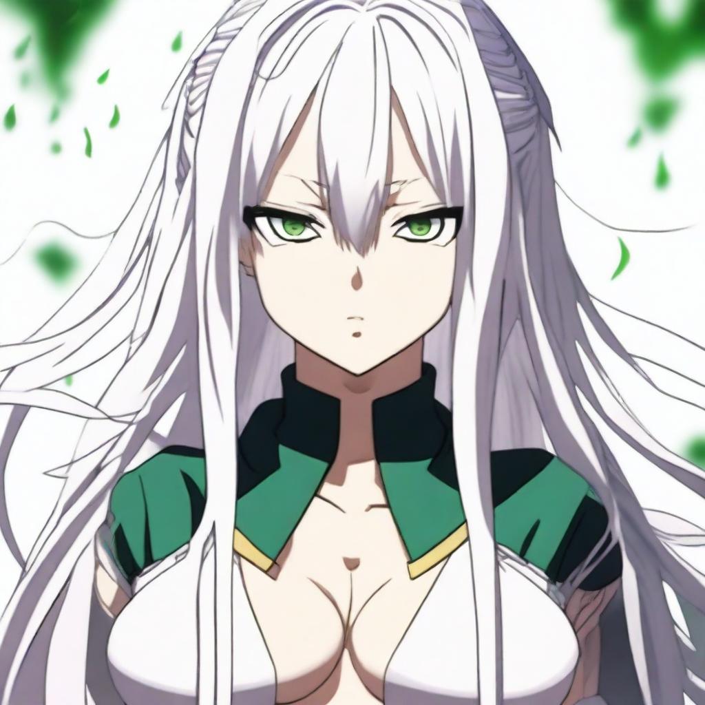 A young woman from the My Hero Academia series with long, straight, pure white hair that elegantly falls down her back