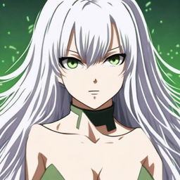 A young woman from the My Hero Academia series with long, straight, pure white hair that elegantly falls down her back