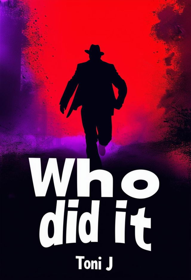 Design a realistic book cover for the murder mystery 'Who did it' by Toni J, featuring the shadow of a man scurrying away against a dark, moody background with hints of red, black, and purple