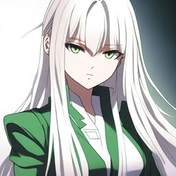 A young woman from the My Hero Academia series with long, straight, pure white hair that elegantly falls down her back