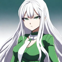 A young woman from the My Hero Academia series with long, straight, pure white hair that elegantly falls down her back