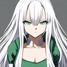 A young woman from the My Hero Academia series with long, straight, pure white hair that elegantly falls down her back