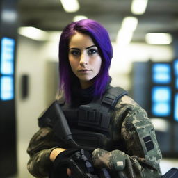 A 21-year-old cute Afghani-Canadian girl with pretty purple hair and a cute face, dressed in black ops camo fatigues