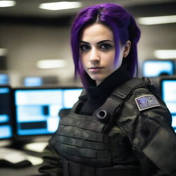 A 21-year-old cute Afghani-Canadian girl with pretty purple hair and a cute face, dressed in black ops camo fatigues