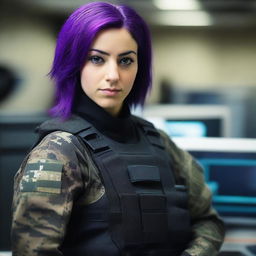 A 21-year-old cute Afghani-Canadian girl with pretty purple hair and a cute face, dressed in black ops camo fatigues