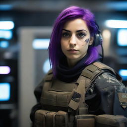 A 21-year-old cute Afghani-Canadian girl with pretty purple hair and a cute face, dressed in black ops camo fatigues