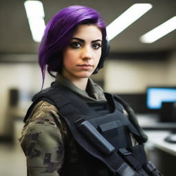 A 21-year-old cute Afghani-Canadian girl with pretty purple hair and a cute face, dressed in black ops camo fatigues