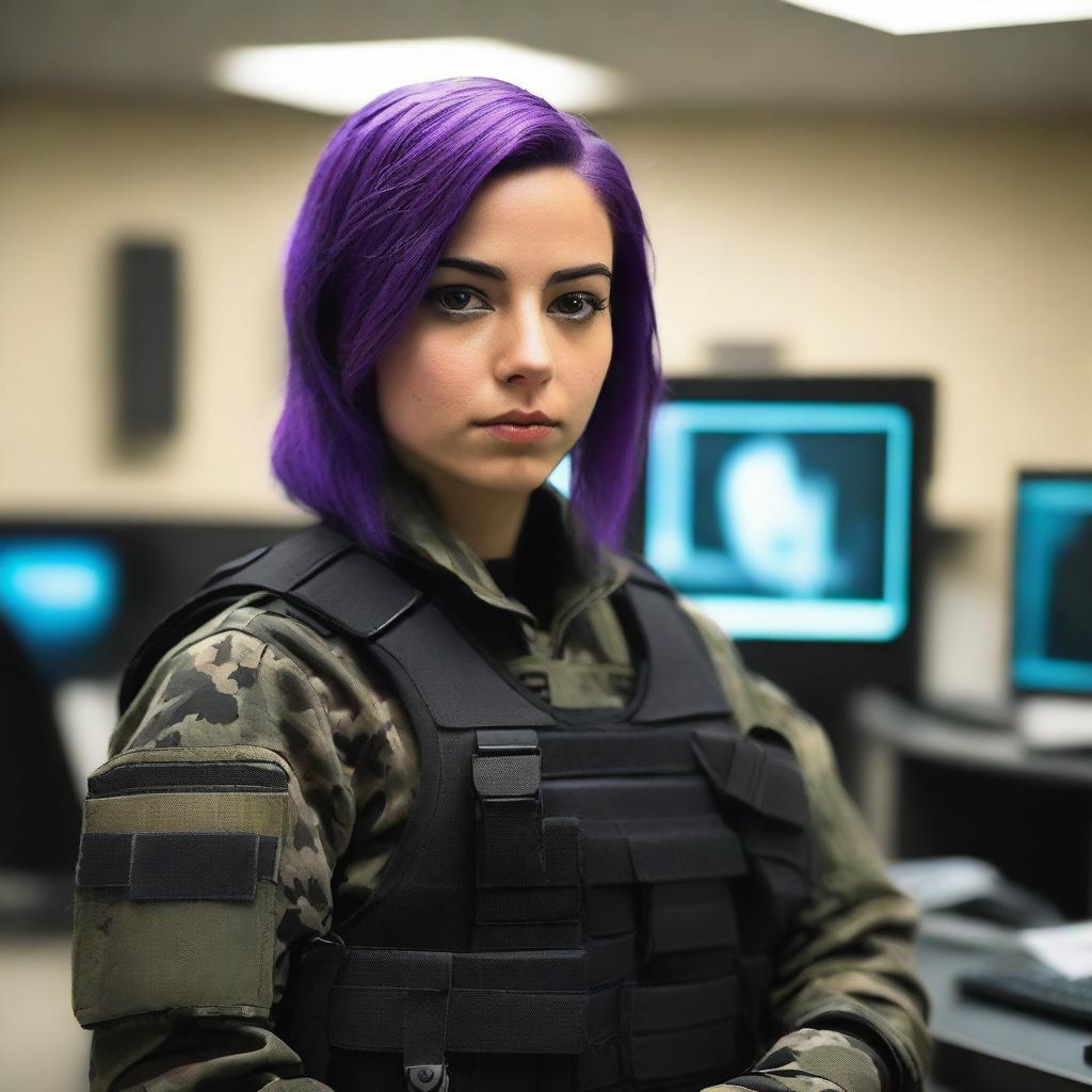 A 21-year-old cute Afghani-Canadian girl with pretty purple hair and a cute face, dressed in black ops camo fatigues