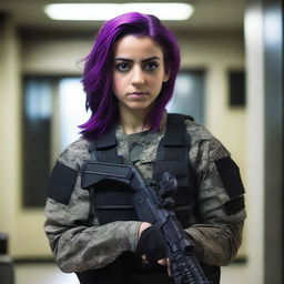 A 21-year-old cute Afghani-Canadian girl with pretty purple hair and a cute face, dressed in black ops camo fatigues