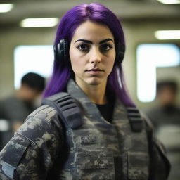 A 21-year-old cute Afghani-Canadian girl with pretty purple hair and a cute face, dressed in black ops camo fatigues