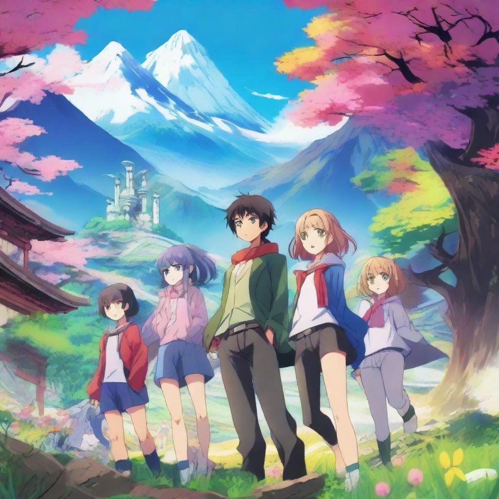 A vibrant and dynamic anime scene featuring a group of characters with diverse appearances and unique abilities, set in a fantastical world with stunning landscapes and detailed backgrounds