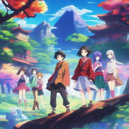 A vibrant and dynamic anime scene featuring a group of characters with diverse appearances and unique abilities, set in a fantastical world with stunning landscapes and detailed backgrounds