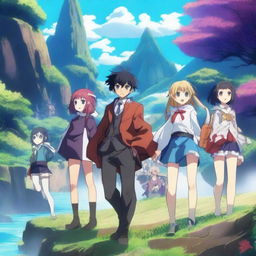 A vibrant and dynamic anime scene featuring a group of characters with diverse appearances and unique abilities, set in a fantastical world with stunning landscapes and detailed backgrounds