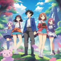 A vibrant and dynamic anime scene featuring a group of characters with diverse appearances and unique abilities, set in a fantastical world with stunning landscapes and detailed backgrounds