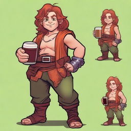 In a realm akin to Dungeons and Dragons, a stout halfling barbarian, standing less than 3 feet tall, defies expectations with auburn hair and a face scarred by battles and revelry