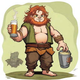 In a realm akin to Dungeons and Dragons, a stout halfling barbarian, standing less than 3 feet tall, defies expectations with auburn hair and a face scarred by battles and revelry