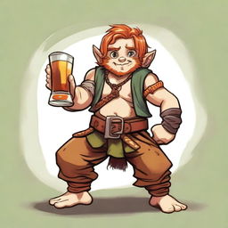 In a realm akin to Dungeons and Dragons, a stout halfling barbarian, standing less than 3 feet tall, defies expectations with auburn hair and a face scarred by battles and revelry