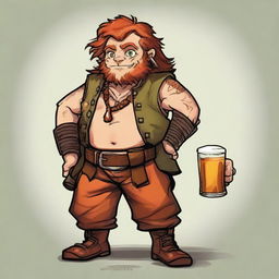 In a realm akin to Dungeons and Dragons, a stout halfling barbarian, standing less than 3 feet tall, defies expectations with auburn hair and a face scarred by battles and revelry