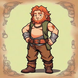 In a realm akin to Dungeons and Dragons, a stout halfling barbarian, standing less than 3 feet tall, defies expectations with auburn hair and a face scarred by battles and revelry