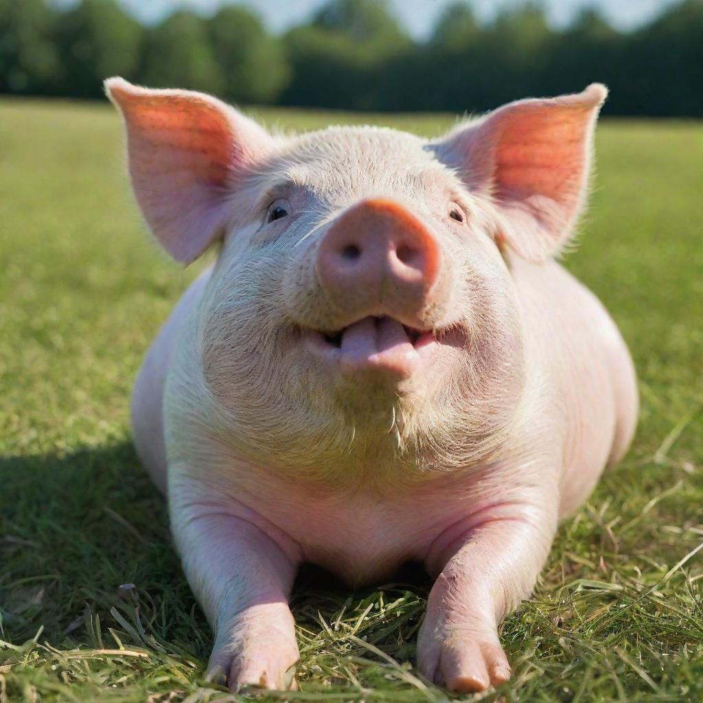 An adorable and plump pig with glossy pink skin and sparkling eyes, casually lounging in a sunny green meadow.