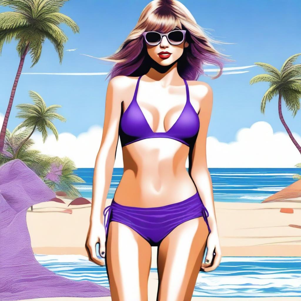 A detailed illustration of Taylor Swift wearing a purple bikini