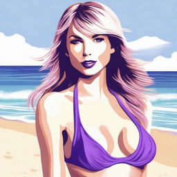 A detailed illustration of Taylor Swift wearing a purple bikini