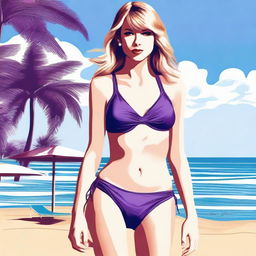 A detailed illustration of Taylor Swift wearing a purple bikini