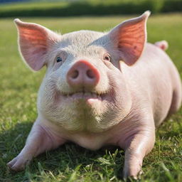 An adorable and plump pig with glossy pink skin and sparkling eyes, casually lounging in a sunny green meadow.