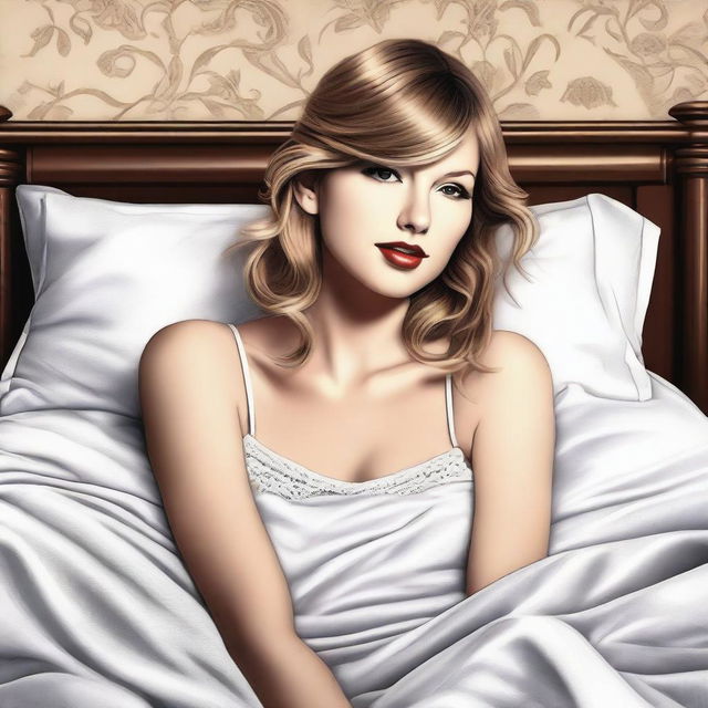 A detailed illustration of Taylor Swift laying on a bed, uncovered