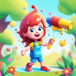 A playful and vibrant image of a cartoon character with red hair squirting water from a water gun