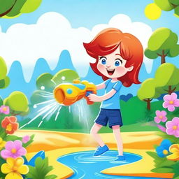 A playful and vibrant image of a cartoon character with red hair squirting water from a water gun