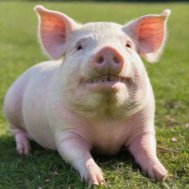 An adorable and plump pig with glossy pink skin and sparkling eyes, casually lounging in a sunny green meadow.