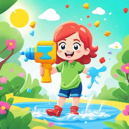 A playful and vibrant image of a cartoon character with red hair squirting water from a water gun