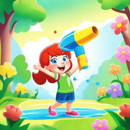 A playful and vibrant image of a cartoon character with red hair squirting water from a water gun