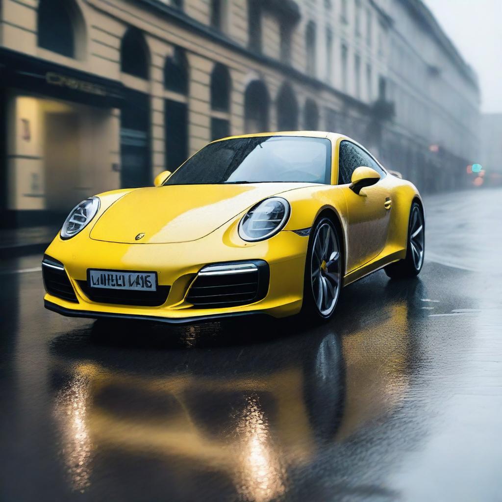 A yellow Porsche 911 driving through the rain on a wet road